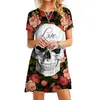 Vestido Estampado Digital 3D de Calavera y Rosa para Halloween 2024 Transfronterizo Verano Manga Corta Mini Vestido de Línea A para Mujer