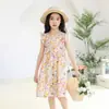 Vestido Floral para Meninas, Vestido de Verão Infantil de Seda Gelada, Vestido de Seda de Algodão para Crianças Pequenas e Médias, Vestido de Estudante com Manga Flare, Vestido de Princesa para Menina