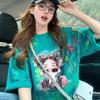 [Algodón/Cuello trasero] Camiseta holgada de algodón con diseño de tinta salpicada popular de este año, top de cuello redondo de estilo europeo y americano para mujer.