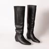 Botas Longas de Couro Preto para Mulheres com Aumento Interno de Altura, Abaixo do Joelho, Estilo Retrô, Bico Quadrado Pequeno, Botas de Equitação de Cano Alto Planas