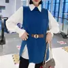Novo Conjunto Primavera 2025 Feminino Estilo Coreano Emagrecedor Camisa Média com Laço na Cintura Colete de Tricô Conjunto de Duas Peças Feminino