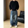 Novos Jeans Casuais de Rua Patchwork com Cordão para Primavera e Outono Masculino, Cintura Elástica, Corte Solto, Tamanho Grande, Perna Larga, Calça de Corte Curvo