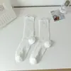 Meias finas de verão para mulheres, cor sólida, malha vazada, altura até o meio da panturrilha, estilo japonês, algodão de Xinjiang, meias versáteis com efeito amassado, meias da moda do Instagram, algodão