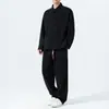Traje Masculino Tendência Estilo Chinês Outono/Inverno em Veludo Cotelê, Tamanho Grande Solto Conjunto de Duas Peças Traje Tang Botonado Jacquard