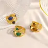 Anel de Aço Inoxidável Transfronteiriço Incrustado com Pedra Natural Estilo Retrô Turquesa Pulseira Aberta Ajustável Estilo Maillard