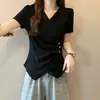 Camiseta de Verão da Moda para Mulheres, Design Irregular no Ombro, Decote em V, Manga Curta, Ajustada na Cintura, Cobre a Barriga, Blusa Única para Mulheres