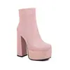 Botas Casuais Curtas Femininas Bico Redondo Couro Zíper Lateral Botas Martin Botas de Cavaleiro Sapatos com Plataforma e Salto Grosso Botas de Comércio Exterior