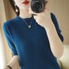 Primavera e Verão Feminino Nova Cor Sólida Pescoço Redondo Manga Meia Camiseta Feminina Clara Cor Meia Manga Slim-fit Emagrecimento Base Camisa para Mulheres