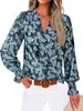 Camisa de mujer teum transfronteriza de corte holgado con cuello en V, camisa holgada de manga larga con estampado floral bohemio para mujer