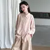 Conjunto Completo de Punto Estilo Coreano Otoño Estilo Perezoso Suéter Camisa Azul Pantalones de Pierna Ancha Sensación Relajada Conjunto Casual para Niñas