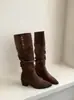 Botas de Montar de Tacón Grueso con Punta Aguda para Mujer 2026 Nuevas Otoño/Invierno Botas Arrugadas de Caña Larga Botas Largas Estilo Vaquero Occidental de Media Pantorrilla Estilizadas