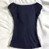Top corto sexy y elegante con escote en V de encaje al por mayor 2026 camiseta de manga corta para mujer color azul marino de verano