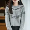Camada Base Feminina de Manga Longa Pulôver Fair Isle Outono e Inverno Novos Lã Pura Retrô Gola Redonda Malha Jacquard Ano