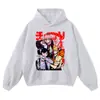 Sudadera con capucha oversized de hombros caídos con estampado de personaje de anime de marca streetwear desgastada