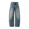 Pantalones vaqueros Muqiu para hombre, estilo americano, corte holgado tipo cuchillo curvo, con diseño único de pliegues, lavado desgastado, pierna ancha, largos