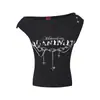 Camiseta Estampada de Diseño Retro Americano de una Sola Manga Corta para Mujer, Nuevo Estilo de Verano, Top Corto Ajustado Off-Shoulder para Chica Popular