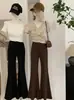 Omalai Primavera 2026 Cintura Alta Adelgazante Elásticos Fruncidos Elegantes Cintura en V Rectos Acampanados Pantalones Largos Toma Real 6905