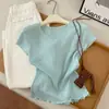 Nuevo Top de Punto de Manga Corta Vintage para Mujer Verano 2026, Corte Ajustado, Versátil, de Alta Gama, Elegante, con Bordes Fruncidos