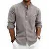 Camisa de Lino Jacquard Rayada Suelta Casual con Cuello Alto de Manga Larga y Bolsillo para Hombre, Estilo Americano Transfronterizo, Tendencia de Commuter para Primavera y Verano