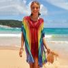 Blusa playera hueca de color arcoíris, estilo europeo y americano, ideal para vacaciones en la playa, bikini, ropa de baño con protección solar.