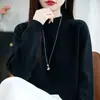 Primavera 2026 Nuevo Estilo Algodón Puro Engrosado Cuello Medio Alto Tejido Estilo Coreano Manga Larga Color Sólido Holgado Versátil Camiseta Básica para Mujer