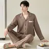 Pijama masculino, algodão puro, colarinho de camisa, manga longa, modelagem solta, casual, novo conjunto de casa para primavera/outono, pode ser usado fora
