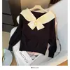Suéter de Tricô Color Block Azul Marinho com Gola e Laço, Mangas Longas, Estilo College Inspirado em Design para Mulheres, Novo Pulôver de Outono para Usar por Baixo