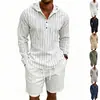 Bestseller de verão da Amazon estilo americano: conjunto casual simples de linho com listras verticais + shorts listrados de corte solto para o dia a dia