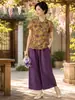 Conjunto de Verão para Mães de Meia-Idade e Idosas, Novo Estilo Chinês, Chique, Rejuvenescedor, Roupa Feminina para Meia-Idade e Idosas, Blusa de Manga Curta, Calça Reta, Estilo Chinês