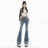 Jeans Retrô Micro-Boca de Sino para Mulheres 2023 Início da Primavera Novo Cintura Alta Modelagem Emagrecedora Design de Franjas Calças Sexy Boca de Sino