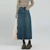 Saia Midi Popular com Controle de Barriga e Fenda Frontal, Design 2025 Azul Claro com Botões, Saia Jeans Modeladora para Mulheres