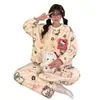 Conjunto de Pijama de Flanela com Gola Redonda e Estampa de Desenho Animado para Mulheres, Roupa de Casa Grossa, Solta, de Manga Longa e Calça Longa para Meninas