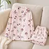 Suministro Directo de Fábrica Algodón Nube Cuadros Rosas Dibujos Animados Ropa de Casa para Mujer Solapa Manga Larga Pantalones Largos Pijama Conjunto Holgado Tallas Grandes para Mujer
