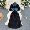 Vestido de manga corta para mujer 2025 Verano Estilo Coreano Moderno Cuello Solapa Costura de Mezclilla Correa Cintura Ceñida Camisa Abertura Vestido Largo