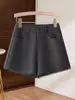 Shorts de Lana Gris Retro para Mujer Otoño Invierno Petite Ropa Exterior Versátil Adelgazantes Cintura Alta Línea A Pantalones de Pierna Ancha Pantalones Bootcut