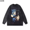 Amazon American Heavyweight Estampa Anime Lavada Desgastada Solta Camiseta Masculina Verão Tendência Manga Longa High Street Solta