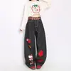 Comércio transfronteiriço Apple não gruda Gato KT calça Faca curva Cintura alta Solto Caimento Calça pantalona Bordado Jeans Mulher Outono
