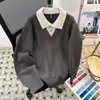 Suéter de tricô retrô da moda estilo old money primavera e verão camisa de tricô emendada de peça dupla estilo preguiçoso fio em estoque manga longa