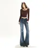 Jeans Rectos de Pierna Ancha Azules Estilo Retro Americano con Bolsillo de Solapa Pantalones Largos para Primavera