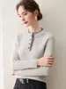 Suéter de Punto Cálido con Botones del Mismo Color, Cuello Redondo, Bloques de Color Estilo Coreano, Manga Larga, Abertura en el Dobladillo, para Mujer, Cachemira