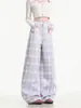Moda Transfronteriza 2026 Nuevos Pantalones Casuales de Cuadros Morados Dopamina de Moda para Mujer, Pantalones Largos de Pierna Ancha para Primavera y Otoño