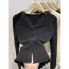 Top de punto estilo francés con escote en V de encaje y manga larga con volantes para mujer, nuevo de primavera 2026, ajuste ceñido, camiseta básica