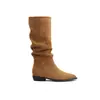 Versão em couro de boi botas longas botas amassadas femininas bico fino botas cowboy western retrô não acima do joelho botas justas salto grosso botas de montaria