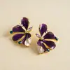 Brincos de Padrão Floral com Gotejamento de Óleo e Cravejados com Diamantes, Estilo Europeu e Americano para Feriados, Brincos Personalizados Transfronteiriços de Luxo Leve, Brincos de Nicho para Mulheres