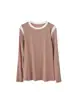 Top de manga larga con cuello redondo y bloques de color otoñales para mujer, con diseño de hombros en bloques de color, tejido elástico, corte ajustado y disponible en varios colores