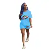 D9349 Amazon Caliente Moda Casual Europea y Americana para Mujer Patrón de Color Sólido Estampado Manga Corta Shorts Conjunto de Dos Piezas