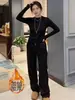 Pantalones casuales de lentejuelas estilo europeo para mujer, nueva colección de invierno, talla grande, adecuados para figuras tipo pera y mujeres petite, con forro de felpa y tela engrosada, diseño de pierna recta, pierna ancha