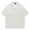 Camisa de encaje floral hueca de manga corta color blanco roto para hombre, para capas estilo 'old money', cuello cubano, fina, transpirable, camisa cárdigan casual