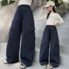Calça cargo estilo coreano para meninas 2026 nova outono cintura elástica casual bolso grande perna reta larga