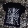 Camiseta Redonda con Estampado de Cruz Gótica Europea y Americana con Pedrería, Top Corto de Verano Vintage Hip-Hop Harajuku Ajustado para Mujer